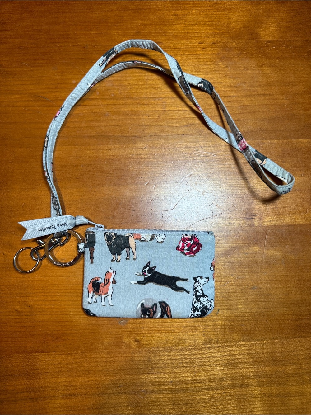 Vera Bradley Light Gray Dog Print Lanyard ID Holder with Keyring - Picture 2 of 3